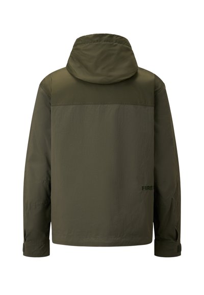 Green hooded jacket with a smooth texture, featuring a horizontal panel design and "FIRE" branding on the lower back.