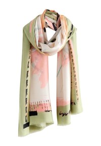 Sciarpa morbida e leggera con una combinazione di colori pastello, tra cui rosa e verde, decorata con motivi astratti e rifinita con frange ai bordi.