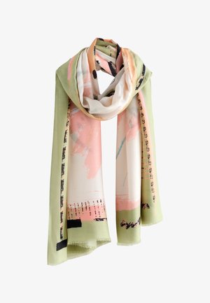 Puha, könnyű sál pasztell színek keverékével, többek között rózsaszínnel és zölddel, absztrakt mintákkal és rojtos szegéllyel.