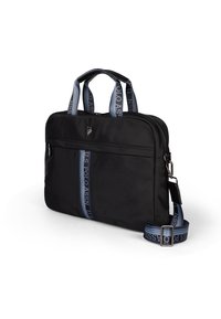 Sort nylon laptop taske med dobbelte top håndtag, blå logo-trykt rem, frontlomme med lynlås og et rent design. Glat tekstur, rektangulær form.