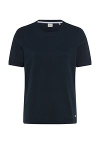 Marineblaues Kurzarm-T-Shirt aus weichem Stoff, mit Rundhalsausschnitt und einem kleinen Logo-Detail am Saum.
