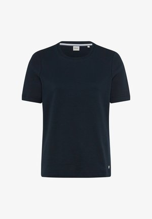 Marineblå T-shirt med korte ærmer lavet af blødt stof, med rund hals og en lille logo detalje ved kanten.