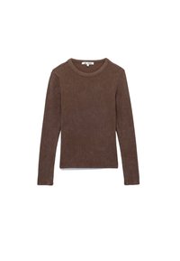 Brun, langærmet top lavet af ribbet stof med en rund halsudskæring. Har tætsiddende ærmer og en lige fald. Enkel og struktureret design.