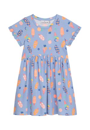 Blaues kurzärmeliges Mädchenkleid mit gerüschten Ärmeln, verziert mit buntem Muster aus Eistüten, Eis am Stiel, Ananas und kleinen Blumen.