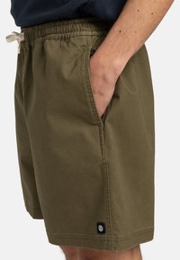 Olivgrüne Shorts aus Baumwolle mit einem elastischen Taillenbund und Kordelzug, seitlichen Taschen und einem kleinen Logosticker am Saum.
