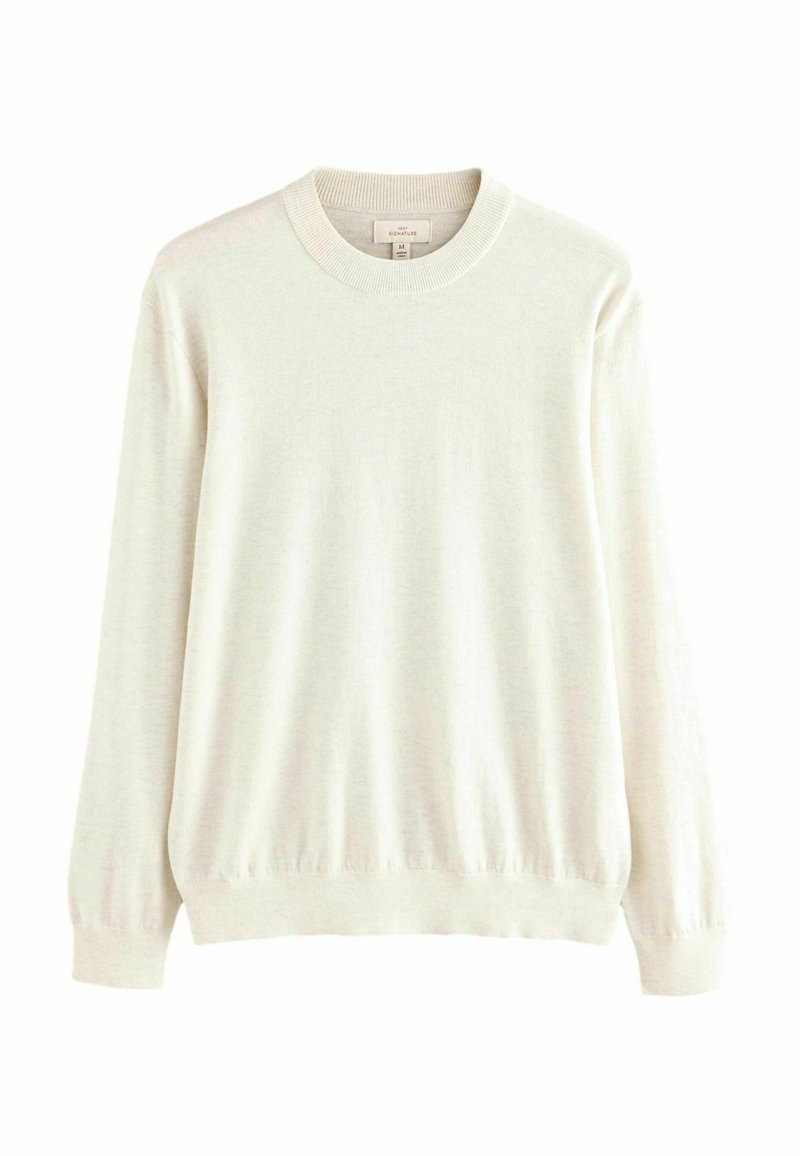 Maglione beige chiaro, maniche lunghe, scollatura rotonda, polsini e fondo a coste, texture morbida, design minimalista senza motivi o decorazioni.