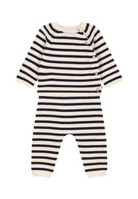 Completo a righe in maglia con colori crema e blu navy, scollatura rotonda, maniche lunghe e dettagli con bottoni in legno lungo la spalla.