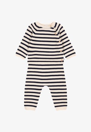 Completo a righe in maglia con colori crema e blu navy, scollatura rotonda, maniche lunghe e dettagli con bottoni in legno lungo la spalla.