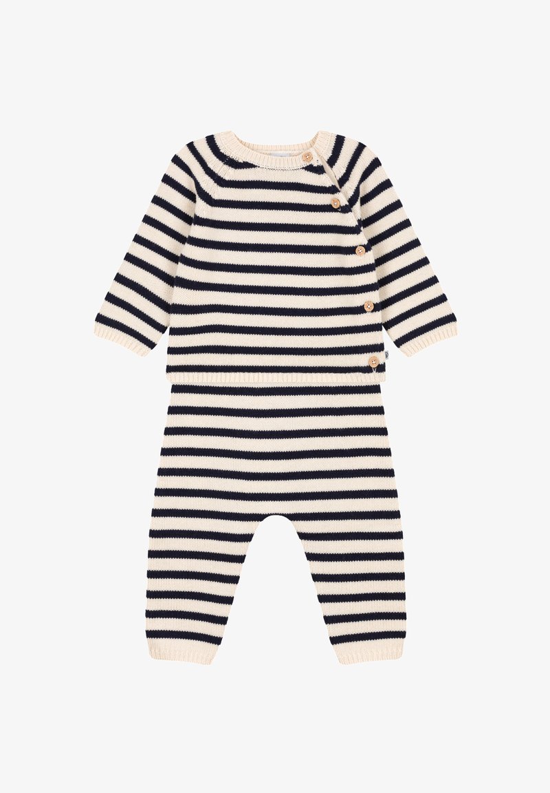 Pasiasty zestaw z dzianiny w kolorze kremowym i granatowym, okrągły dekolt, długie rękawy oraz drewniane guziki przy ramionach.