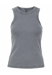 Grijze geribbelde tanktop met een ronde halslijn en mouwloos ontwerp. De stof heeft een subtiele textuur en een aansluitende pasvorm.