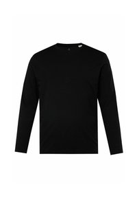 Schwarzes Langarm-T-Shirt mit rundem Ausschnitt. Hergestellt aus glattem, leichtem Stoff. Hat ein einfaches, minimalistisches Design ohne Muster oder Akzente.