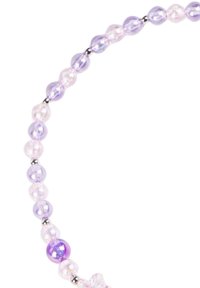 Kralenketting met doorschijnende paarse en roze glasparels, met zilveren accenten, gerangschikt in een symmetrisch patroon.