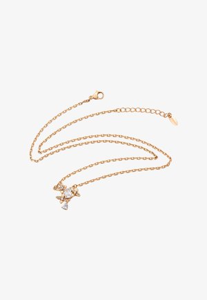 Złoty naszyjnik z łańcuszka z kryształowym pendantem w kształcie motyla oraz kropli, z regulowanym zapięciem.