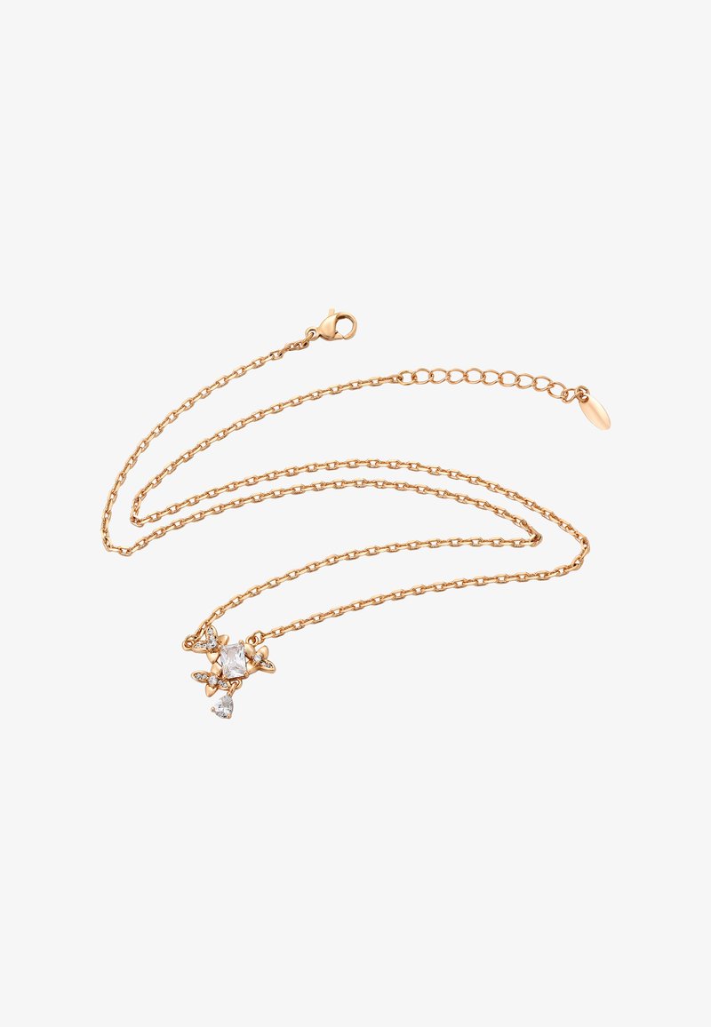 Zlatý řetízek s náhrdelníkem ve tvaru motýla a kapkovým přívěskem, s nastavitelným uzávěrem.