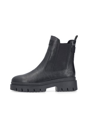 Black leather ankle boot with elastic side panel, pull tab, thick lug sole, and subtle embossed logo on the heel.