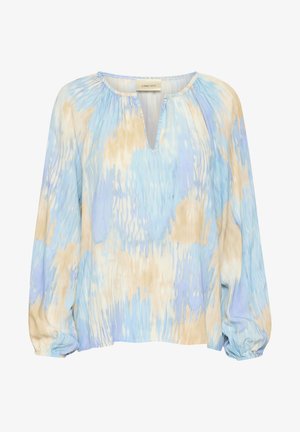 Kerged blouse V-kaelusega, pikkade varrukatega ja elastsete varrukaotsadega. Akvarelle muster sinise ja beeži tooni. Sile, voolav kangas.