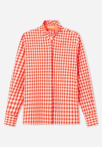 Red and white gingham shirt with long sleeves, a ruffled collar, and a button-down front. Made of smooth, lightweight fabric.