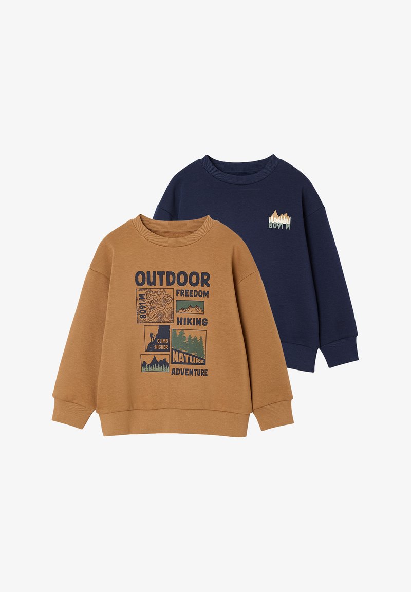 Two sweatshirts: one brown with graphic text and nature images, and one navy with mountain graphic. Both have crew necks and long sleeves.