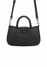 Musta tekonahkainen käsilaukku, jossa on jäntevä muotoilu, kaarevat yläkahvat, magneettikiinnitys ja irrotettava olkahihna.