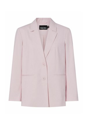 Veste rose clair pour femme avec revers crantés, deux boutons et poches fendues, étiquette "PIECES" à l'intérieur du col.