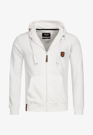 Hvit zip-up hettegenser laget av bomull med myk tekstur. Har justerbar hette, frontlommer og et lite brunt logo-patch på brystet.