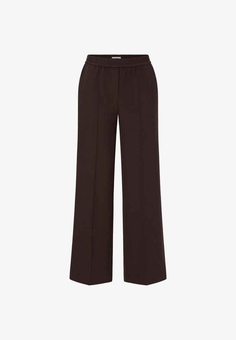 Pantalon marron foncé à coupe ample, taille élastique et jambe droite large.