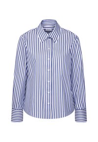 Blauw-witte, verticaal gestreepte, lange mouwen overhemd met knopen en een brede kraag, voorzien van horizontaal gestreepte manchetten op een witte achtergrond.