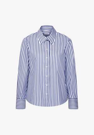 Blau- und weiß gestreifte langärmelige Hemdbluse mit weitem Kragen und horizontal gestreiften Manschetten vor einem weißen Hintergrund.