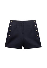 Pantaloni corti blu navy realizzati in tessuto dalla superficie liscia, con pieghe verticali e sei bottoni argentati decorativi lungo il lato.
