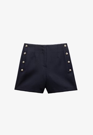 Granatowe szorty wykonane z materiału o gładkiej fakturze, z pionowymi zakładkami i sześcioma srebrnymi guzikami na boku.