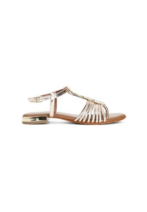 Sandal in oro metallico e marrone con design a T-strap, caratterizzata da frange e un tacco basso a blocco con un accento lucido. Texture in pelle liscia.