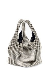 Borsa a tracolla nera in tessuto coperta da una griglia di piccoli strass lucidi, con due manici corti e una fodera interna arricciata.