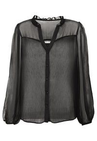 Musta läpinäkyvä pusero, jossa on röyhelökaulus, nappikiinnitys edessä ja pitkät, löysät hihat, joissa on hienovarainen pystyrakenne.