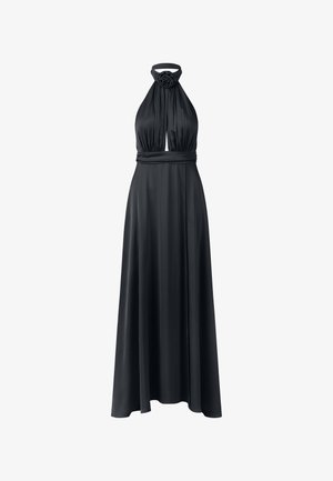 Abito nero con scollatura a halter e un accento floreale sul collo, silhouette fluida e texture del tessuto liscia. Presenta una cintura in vita per una vestibilità ottimale.