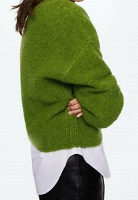 Pull vert duveteux à manches longues, ourlet côtelé, porté sur une chemise blanche, assorti à un pantalon noir, présentant une coupe décontractée.