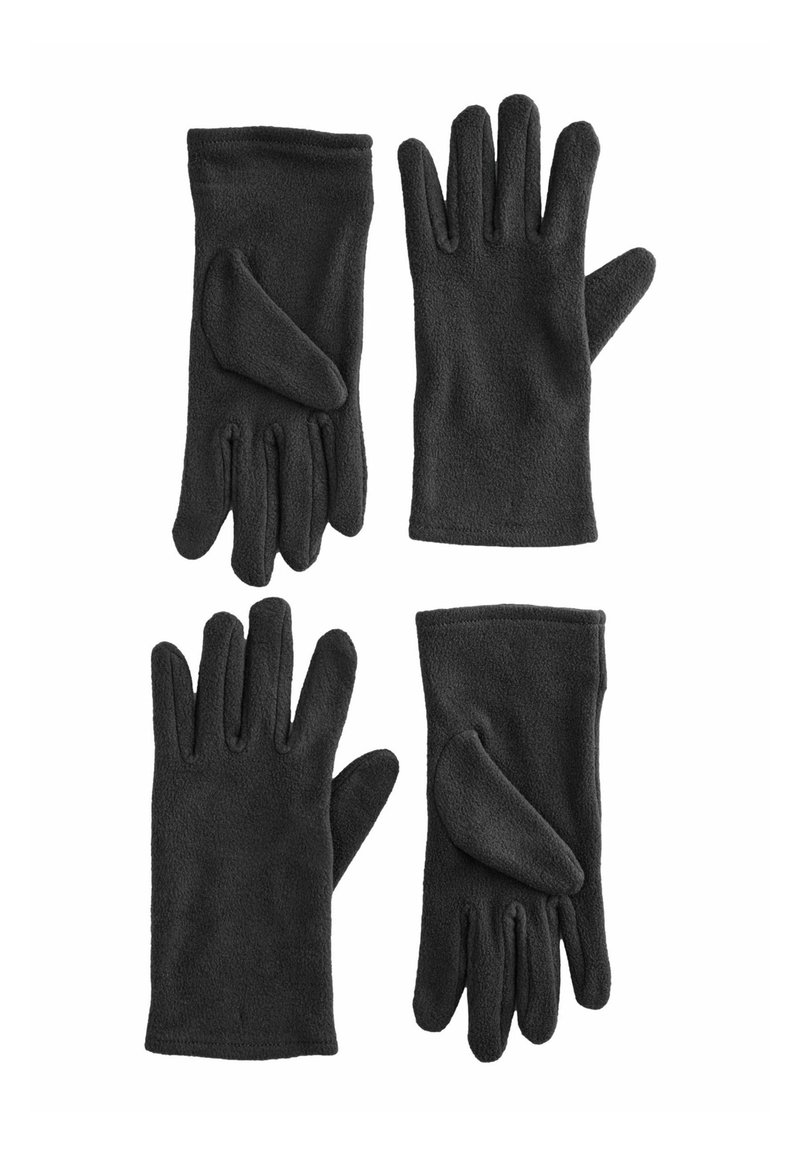 Vier schwarze Fleece-Handschuhe angeordnet, die Vorder- und Rückansichten zeigen, entworfen für Wärme und vollständige Fingerabdeckung.