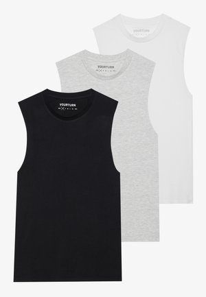 Set of three sleeveless cotton t-shirts in black, grey, and white. Classic round neckline, smooth texture, and no patterns.