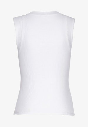 White sleeveless ribbed tank top, soft texture, fitted design, round neckline, no visible patterns or hardware, plain and seamless back.