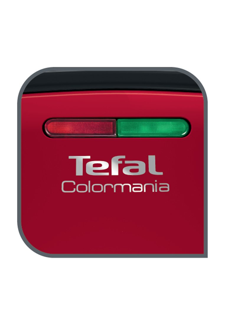 Panel de electrodoméstico rojo con el logo "Tefal Color Mania", una luz indicadora verde y roja, y un acabado brillante. Esquinas redondeadas.