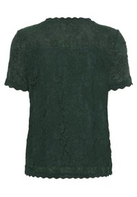 Top in pizzo verde scuro con maniche corte, bordi a ondine, motivo floreale e una finitura testurizzata. La vista posteriore mostra un dettagliato lavoro in pizzo.