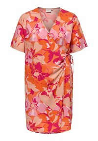 Floral wrap dress in vibrant orange and pink hues with short sleeves, a deep V-neck, and a side tie for adjustable fit. Lightweight fabric.