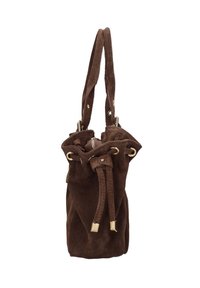 Sac seau en daim marron avec double poignée, quincaillerie dorée, haut froncé et texture douce. Dispose d'une fermeture à cordon de serrage.