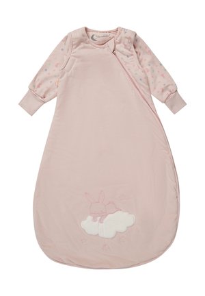 Helles rosa Schlafsack mit langen, gemusterten Ärmeln und Reißverschluss. Mit gesticktem Hasen auf einer Wolke. Weiches, Baumwollmaterial in drapierter Form.