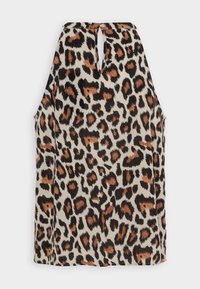 Top senza maniche con stampa leopardo in crema, nero e marrone. Presenta una schiena a chiave e una vestibilità rilassata, realizzato in tessuto leggero.