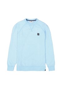 Sudadera azul claro hecha de una tela suave, con cuello redondo, puños de canalé y un pequeño parche negro con el logo en el pecho.