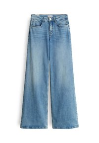 Jean large bleu clair en denim, avec taille haute, design à cinq poches et un léger dégradé aux cuisses et aux ourlets.