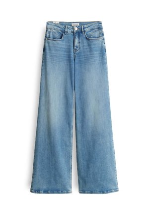 Jeans a gamba larga di colore blu chiaro realizzati in denim, con vita alta, design a cinque tasche e leggeri sbiadimenti sulle cosce e sui orli.