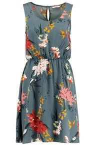 Sukienka w kwiaty w odcieniach zielononiebieskiego i kolorowych kwiatów. Bez rękawów, z elastycznym paskiem w talii i detalem z kluczykowym wycięciem z tyłu. Miękki materiał.