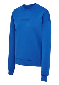 Sweat-shirt bleu en tissu doux. Il présente un col rond, des manches longues, des poignets côtelés et un logo de couleur contrastante sur la poitrine.