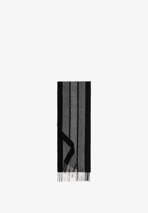 Black and gray striped scarf with fringed ends, folded at one corner.